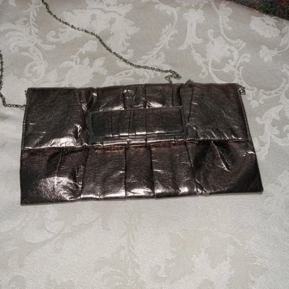 Kate Landry Shiny Platinum Pleated Clutch Chain Crossbody or Shoulder 10X6